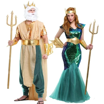 Seksīgs Pāris Neptūns Jūras Sirēnas Nāru Karaliene Kostīmu Vīriešu Karalis Poseidon Tērpu Halloween Karnevāls Purima Spēlē Kleitu Pieaugušajiem