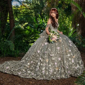 Sexy Mīļotā Princese Quinceanera Kleita 2024 Pie Pleca Appliques Ziedi Zvērests Krelles Tull Grupa Sweet 16 Kleita Vestidos De 15