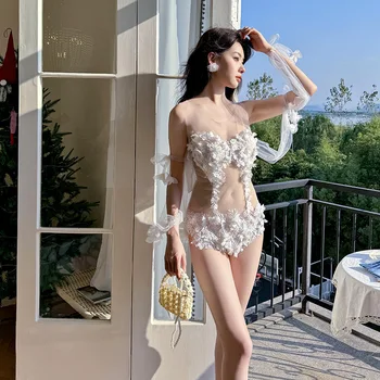 Sexy Peldkostīms Sieviešu Trijstūra Viens Gabals Taizemes Tīru Vēlmi Stila Mazām Krūtīm Balts Mežģīņu Acu Hot Spring Resort Instagram Peldkostīmu