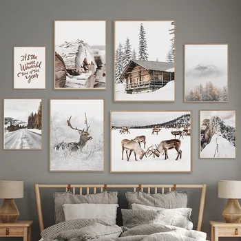 Sienas Mākslas Baltā Sniega Ziemas Briežu Fox Koka Māju Kanvas Glezna Dzīves Telpu Dekorēšana Ziemeļvalstu Plakāti Un Izdrukas Sienas, Attēlus,