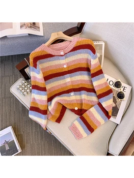 Sieviešu Jaka Svītru Trikotāžas Džemperis Y2k Vintage Harajuku Dāmas Korejas Modes Garām Piedurknēm O-Veida Kakla Džemperi Top Drēbes Rudens