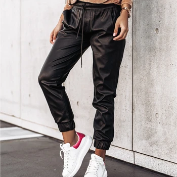 Sieviešu Pavasara 2023 Jaunu Vienkāršu, vienkrāsainu Elastīga Vidukļa Bikses Slim Ādas Bikses Streetwear Sieviešu Y2k Bikses Pantalones