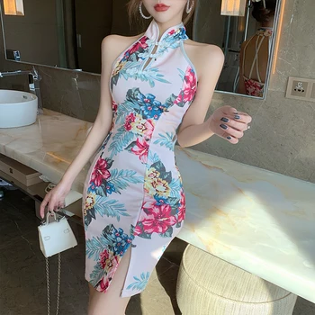 Sieviešu Ķīniešu Stilu, Elegants Cheongsam Naktsklubs, Deju Sexy Bodycon Slim Sadalīt Retro Drukāt Qipao Puse Kleita Bez Piedurknēm Vestidos