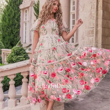 Sindija Organza Īsām Piedurknēm-line Ziedu, Ziedu Kārtojumu Princese Izšuvumi Elegants Puse Kleitas Sievietēm Luksusa balles Kleitas