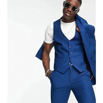 Skaists Royal Blue Vīriešu Uzvalki, Trīs Gabalus(Jaka+Bikses+Veste) Grooms Kāzu Slim Fit Balli Žakete Komplekts