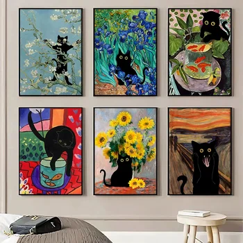 Skandināvijas Klasika Vintage Estētisko Sienas Mākslas Krāsains Nerātns Kaķis Eļļas Gleznu Plakātu Izdrukāt Mājās Guļamistaba, Dzīvojamā Istaba Dekori