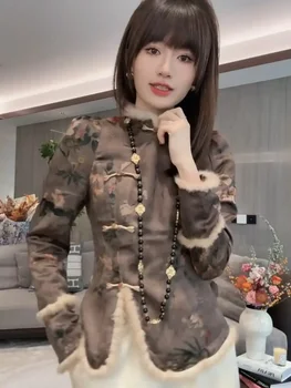 Tradicionālā Ķīniešu Uzlabota Blūze Top Noble Elegent Kažokādas Malu Drukāt Nelegālo Krekls ar garām Piedurknēm, Sieviešu Rudens Ziemas Modes