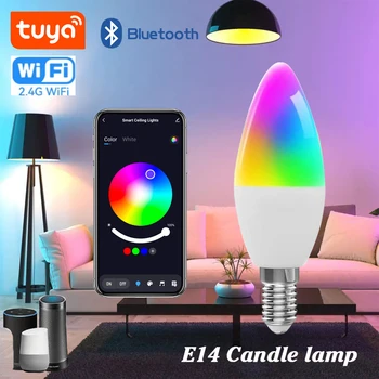 Tuya Smart Dzīves E14, WiFi, Bluetooth Smart Svečturi Spuldzes 5W RGB+CW LED Lampa 220V Regulējamas Lampas, Alexa, Google