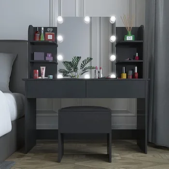 Vanity Komplekts ar LED Apgaismota Spoguļa, Liela Iedomība tualetes Galds ar Spilveniem Izkārnījumos Kosmētiku, Tualetes Spoguli ar Apgaismojumu, Melns