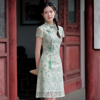 Vasaras Midi Cheongsam Mežģīnes, Izšuvumi Banketa Puse Elegants Modes Kawaii Ķīniešu Stilā Uzlabota Qipao Vakara Kleita Sievietēm