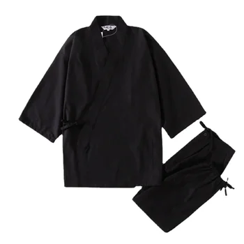 Vīriešu Japānas Kimono Kokvilna 100% Samue Suši Šefpavārs Vienotu Japāņu Mūks Valkā, Dārzkopība, darba Apģērbi Pidžamas halāti Uzvalks