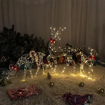 Ziemassvētku Briežu Āra Dekorācijas Komplekts 3 Apgaismota Briežu Dzimtas Metāla Briežu Ziemassvētku Statuja Metāla Pastāvīgā Briežu Rotājumi