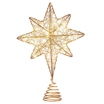 Ziemassvētku Eglīte Cilindrs Star Glitter Septiņas Norādīja Dzelzs stieples Treetop Zvaigzne ar Stīgu Gaismas Ziemsvētki Puse Dekori (Rose Gold)