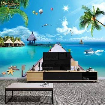 beibehang Pielāgotas 3d foto tapetes Palm beach dekorācijas Piejūras ainava dīvāns TV fonā mūra sienas, papīra dzīvojamā istaba