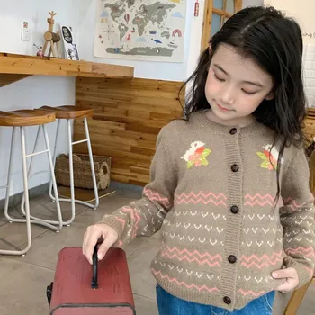 bērnu drēbes meitenēm vilnas džemperi bērniem, drēbes, Kafijas Trikotāžas Jaka Kvalitātes Izšūti Meiteņu Džemperis Mētelis