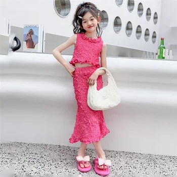 pusaudžu meiteņu drēbes, ģērbšanās komplekts Moderns kroku top+puse garuma svārki 2gab 4-15Y bērniem tērps bērniem korejas apģērbs apģērbs
