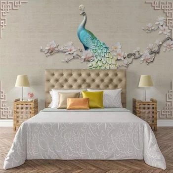 wellyu Custom tapetes, 3d jaunais Ķīnas reljefs ziedu pāvs dzīvojamās istabas sienas retro klasiskās hotel guļamistabas sienas 3d tapetes