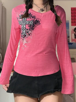 y2k Sieviešu Rudens Gadījuma Gothic Topi Grunge Rozā krāsā ar garām Piedurknēm Vintage Cross Modelis Drukāt Brīvs T-kreklu, lai Rudenī Pavasarī