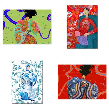 Āzijas sievietes Ao Dai tauriņš mākslas plakāti, grāmata draugiem, plakāti, feminisma mākslas plakāti, laimīgs Āzijas mākslas, mākslas plakāti un izdrukas
