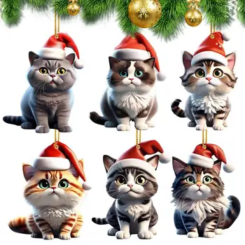 Akrila Ziemassvētku Rotājumi 2D Dzīvoklis Karikatūra Kaķis Koka Kulons 6pcs Cute Ziemassvētku Eglīte Apdares Akrila Kaķis Kulons Bērniem Rotaļlietas
