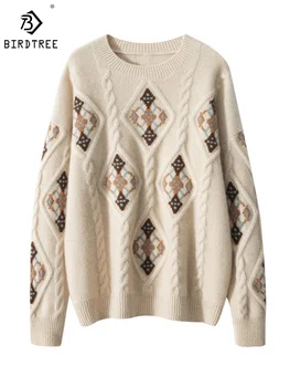 Birdtree 100% Cashmere Rudens Ziemas Vintage Džemperis Pleds Trikotāža Sieviešu Ģeometriskā O Kakla Gadījuma Zaudēt Biezs Džemperis T39246QM