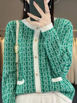 Jauno Modes 100% Merino Vilnas Džemperis Sievietēm, O-Veida Kakla Jakas Multicolor Garām Piedurknēm Kašmira Trikotāža Biroja Lady Grace Mētelis