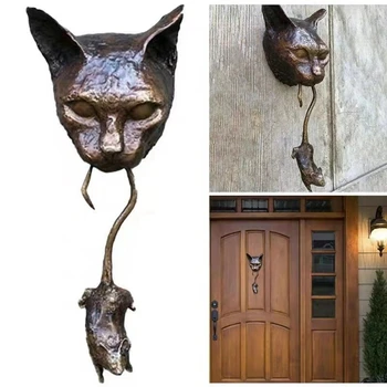 Kaķi Un Peli, Sienu Tapsējuma Kaķis Durvju Klauvēkli Skulptūru Brūna Čuguna Durvīm Dekoru Roku Darbs Izturīgs, Viegli Instalēt Viegli Izmantot