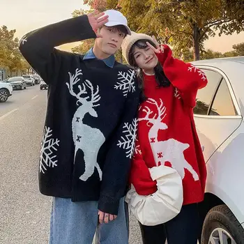 Rudenī un Ziemā, Ziemassvētku Smieklīgi Aļņu Pāris Sarkans Džemperis Vīriešiem ir korejas Modes Lielgabarīta Zaudēt Slinks Stila Trikotāžas Džemperi Mētelis