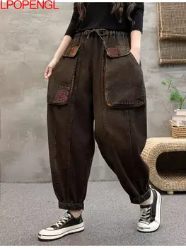 Sieviete Pavasarī Vintage Jaunu Modes Lielas Kabatas Raibs Izšūti Zaudēt Aukliņu Baggy Džinsi Streetwear Taisni Harēma Bikses
