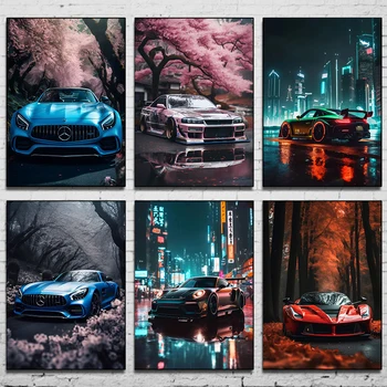 Trending Automobiļiem, Retro plakāta Sporta automašīnas, nakts skats neona meža retro filma auto audekls druka plakātu sienas dekori Mājas Istabas Interjeru
