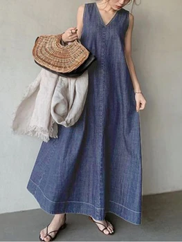 Vasaras Kleita Sievietēm 2023 Jaunu Eleganci Džinsa Vintage Gadījuma Zilas Drēbes korejas Modes VAĻĒJU Potītes Garuma Piedurknēm V-veida Kakla