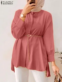 Vintage Sieviešu Atloks Apkakli, garām Piedurknēm Musulmaņu Blūze ZANZEA Rudens Elegants Cieta Krekls Gadījuma Zaudēt Abaya Dubaija Turcija Blusas